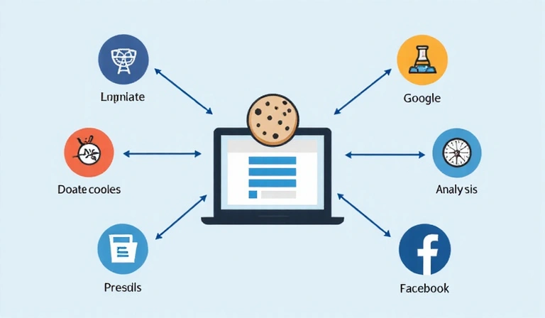 Icons representing different third-party services like Google, Facebook, and analytics platforms, connected to a website icon