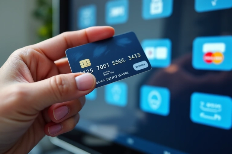 Ręka trzymająca kartę płatniczą nad terminalem płatniczym, symbolizująca bezpieczne płatności online.
