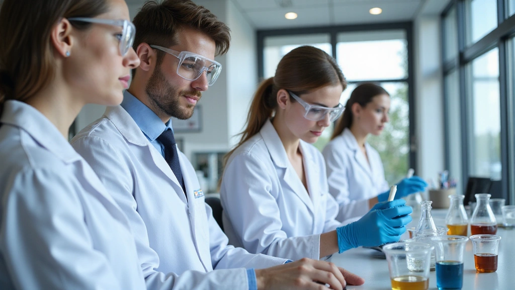 Grupa naukowców pracujących w laboratorium, symbolizująca zaangażowanie w jakość i badania.