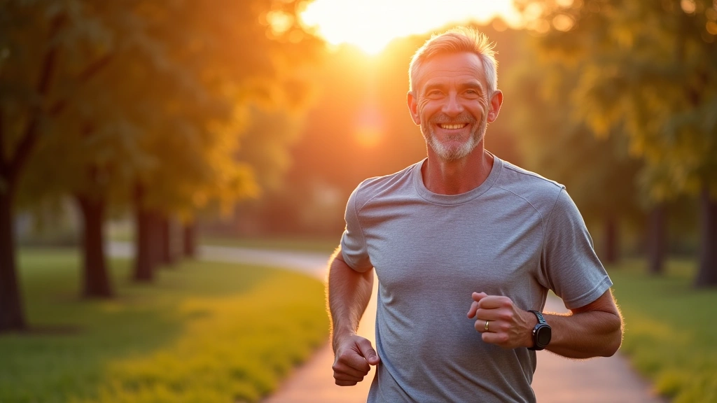 Zadowolony mężczyzna w średnim wieku uprawiający jogging na świeżym powietrzu, symbolizujący zdrowie i witalność.